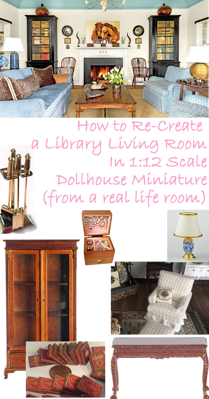how to recreate a library living room in 1-12 scale dollhouse miniature - http://divineminiatures.com/how-to-create-a-library-living-room-in-1-12-scale/