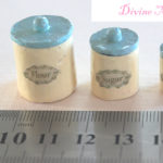 retro set of three 'tin' kitchen canisters in 1/12 scale dollhouse miniature