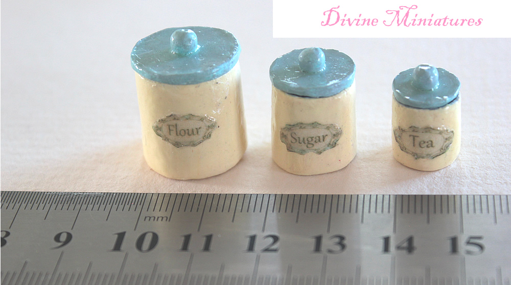 retro set of three 'tin' kitchen canisters in 1/12 scale dollhouse miniature