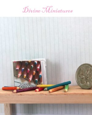 real miniature book, adult coloring book with pencils in 1:12 scale dollhouse miniature