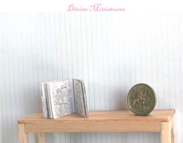 real miniature book, adult coloring book with pencils in 1:12 scale dollhouse miniature