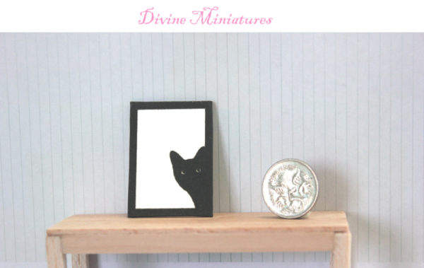 peeking black cat wall print in 1:12 scale dollhouse miniature