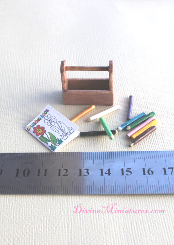 childs drawing caddy with coloring book and pencils in 1:12 scale dollhouse miniature