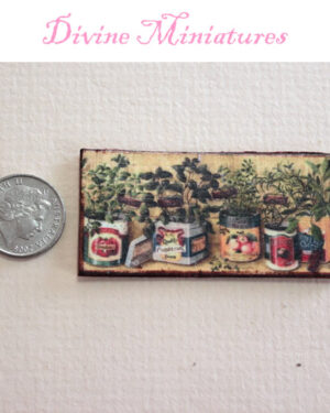 pots of herbs, rustic country print in 1:12 scale dollhouse miniature