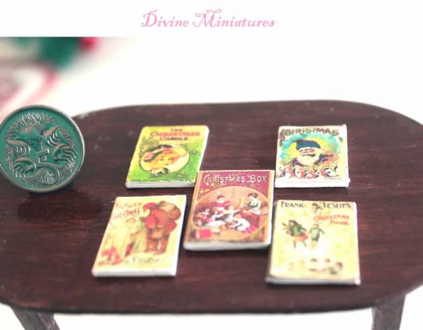 set 5 Victorian Christmas story books in 1:12 scale dollhouse miniature