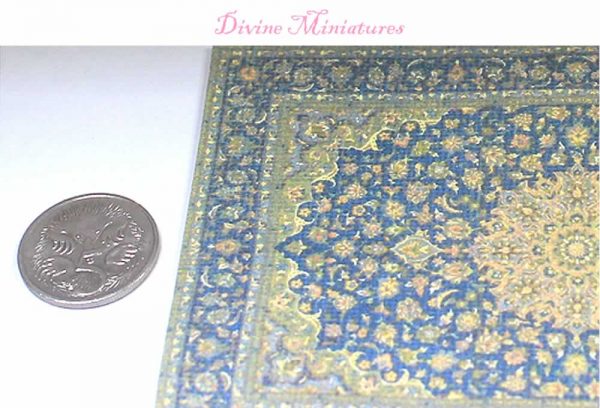 blue and gold turkish rug in 1-12 scale dollhouse miniature