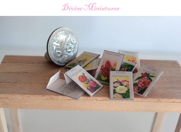 vintage flower seed packets in 1:12 scale dollhouse miniature Set 1