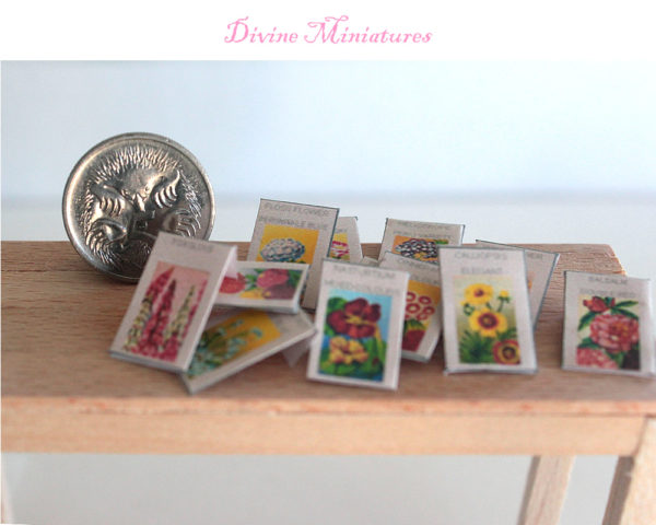 vintage flower seed packets in 1:12 scale dollhouse miniature Set 1