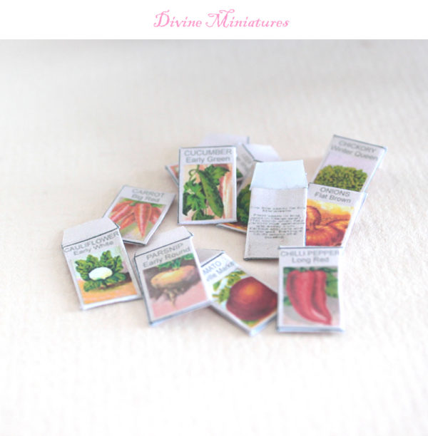 12 vintage vegetable seed packs in 1:12 scale dollhouse miniature