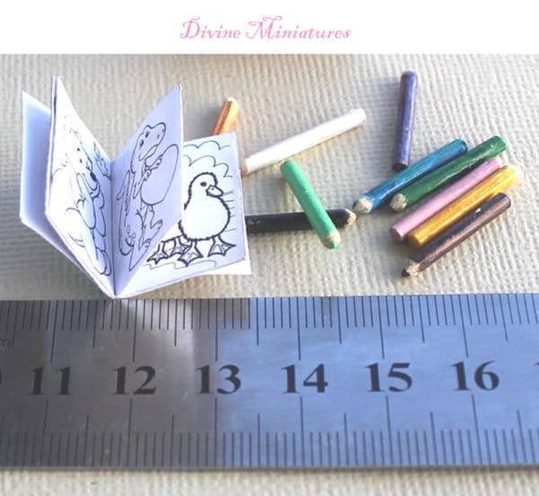 childs coloring book and pencils in 1:12 scale dollhouse miniature