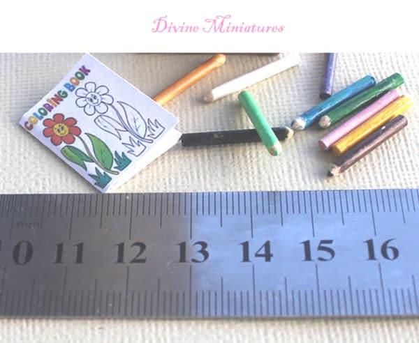 childs coloring book and pencils in 1:12 scale dollhouse miniature