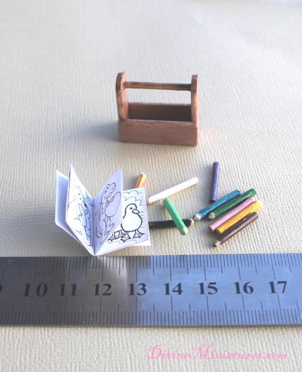 childs drawing caddy with coloring book and pencils in 1:12 scale dollhouse miniature