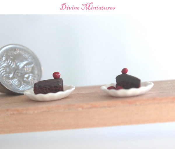 chocolate mud cake slices on plates in 1:12 scale dollhouse miniature f