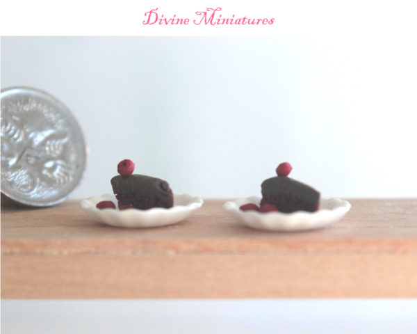 chocolate mud cake slices on plates in 1:12 scale dollhouse miniature f