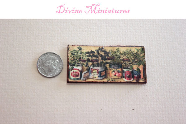 pots of herbs, rustic country print in 1:12 scale dollhouse miniature