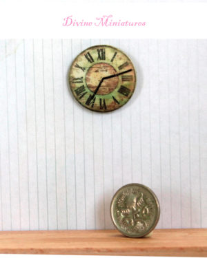 rustic green vintage farmhouse clock in 1:12 scale dollhouse miniature