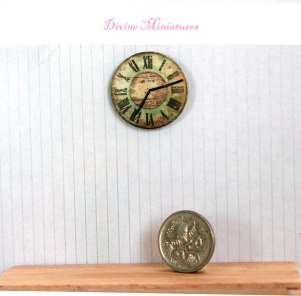 rustic green vintage farmhouse clock in 1:12 scale dollhouse miniature